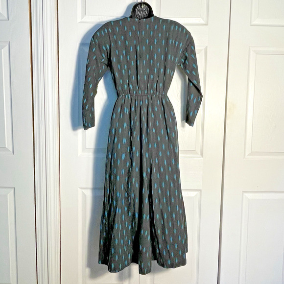 Vintage 90s Las Manos Handwoven Dress Women Small Black Teal Cotton Modest Midi - Picture 3 of 12
